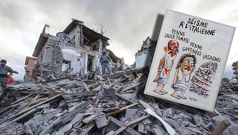 Das Satiremagazin verhöhnt in seiner neuesten Ausgabe die Erdbebenopfer in Italien. Das Satiremagazin verhöhnt in seiner neuesten Ausgabe die Erdbebenopfer in Italien.