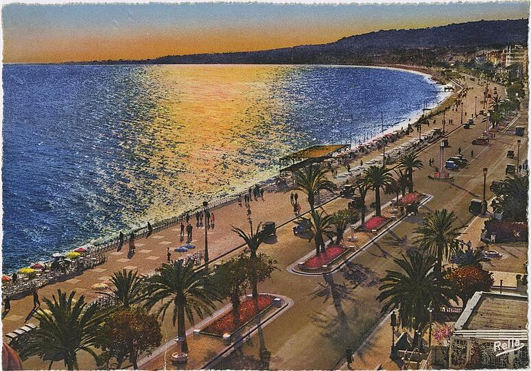 Neben der Erinnerung hilft Max Beckmann im Exil eine große Postkartensammlung von seinen Reisen. Hier eine kolorierte Ansichtskarte von der Promenade des Anglais in Nizza.