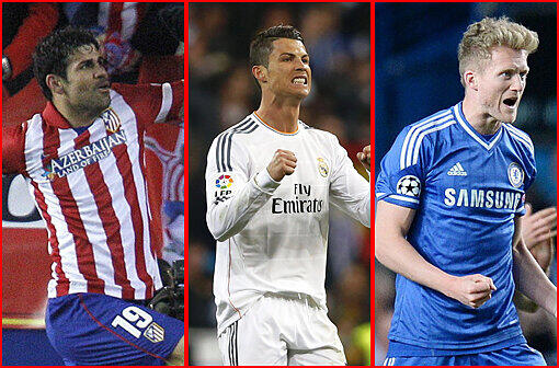 Die möglichen Gegner des FC Bayern im Halbfinale der Champions League: Atlético Madrid mit Torgarantie Diego costa, Real Madrid mit Weltfußballer Cristiano Ronaldo und der FC Chelsea mit Nationalspieler André Schürrle.