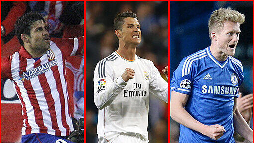 Die möglichen Gegner des FC Bayern im Halbfinale der Champions League: Atlético Madrid mit Torgarantie Diego costa, Real Madrid mit Weltfußballer Cristiano Ronaldo und der FC Chelsea mit Nationalspieler André Schürrle.