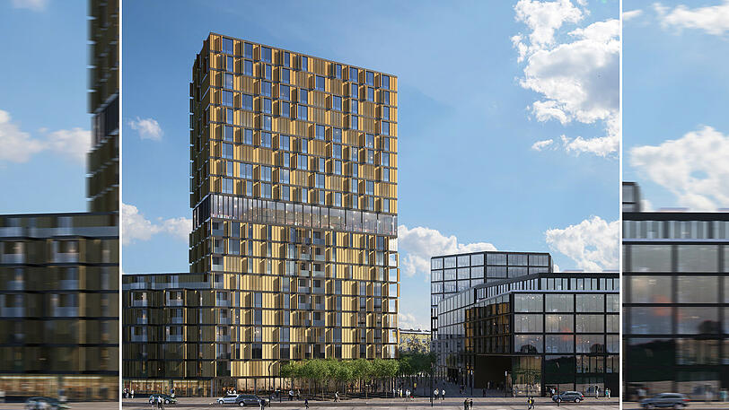 Sicht vom Werksviertel aus: Links im Turm sind Wohnungen und ein Hotel vorgesehen, rechts Büros.