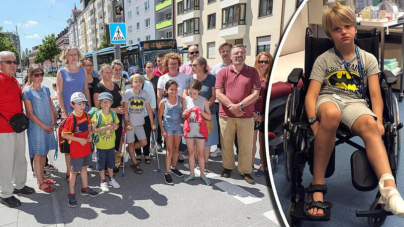 Elterndemo am Mittwoch auf der Welfenstraße. Grundschüler Paul (Mitte und rechts im Bild) hatte Glück, steht aber noch unter Schock: Am Zebrastreifen erwischte ein Mercedes den Drittklässler.