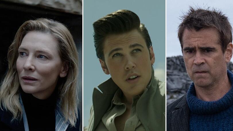 Cate Blanchett in "Tár", Austin Butler in "Elvis" und Colin Farrell in "The Banshees of Inisherin" (v.l.n.r.).