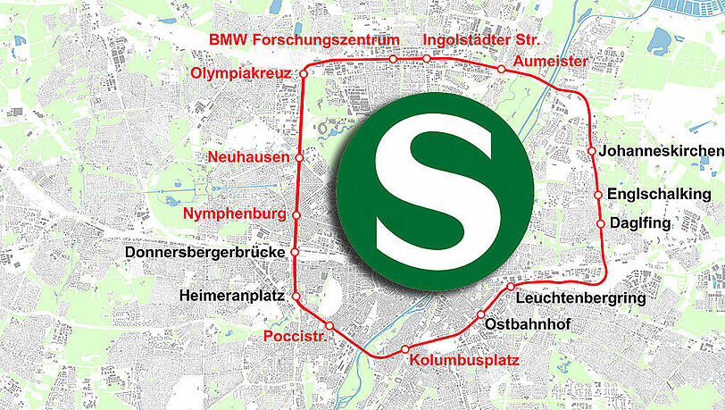 15 S-Bahn-Haltestellen könnte der S-Bahn-Ring umfassen: Sieben davon (in der Karte schwarz geschrieben) gibt es schon. Acht (rot) müssten neu gebaut werden.