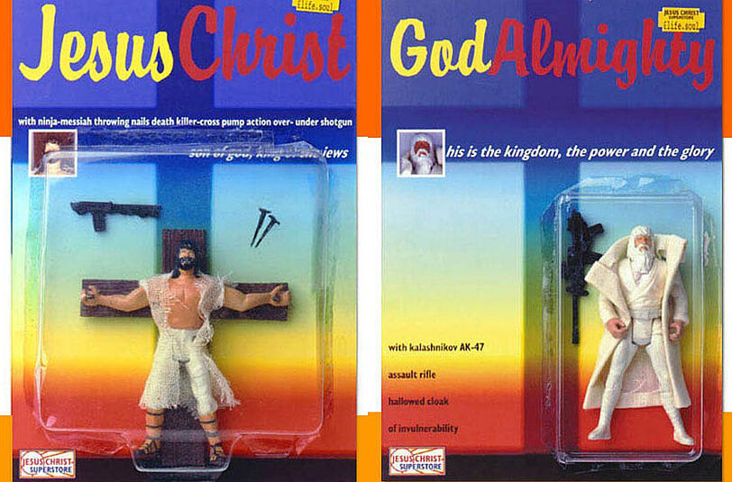 Der mittlerweile geschlossene Internet-Shop "JesusChristSuperstore.net" hatte zahlreiche Actionfiguren von Jesus, seinen Jüngern und Heiligen im Angebot. Mit Sturmgewehren und Ninja-Kreuznägeln. Als Allah wurde eine leere Packung verkauft, auf der die Aufschrift "Der, der nicht gezeigt werden darf" prangte.