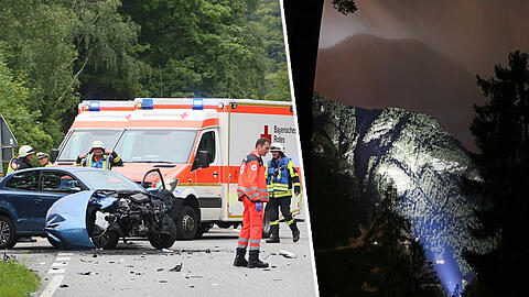 Rechts: Irgendwo an diesem Steilhang musste der Wanderer übernachten. Links: In diesem Auto saß er, als er am nächsten Tag den Unfall verursachte.