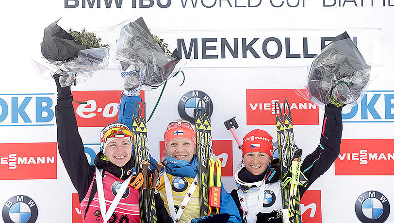 Siegertreppchen ohne deutsche Beteiligung: v.l: Darya Domracheva, Kaisa Makarainen, Veronika Vitkova. Siegertreppchen ohne deutsche Beteiligung: v.l: Darya Domracheva, Kaisa Makarainen, Veronika Vitkova.