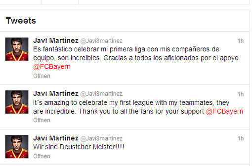 "Wir sind deutscher Meister!!!!" Javi Martinez meldet sich auf seinem Twitter-Account zum ersten Mal auf deutsch und legt noch einen Gruß an alle Fans auf englisch und spanisch nach.