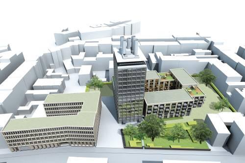 Der Plan: In das linke Gebäude kommen Büros und Supermärkte. In den Turm und in das Gebäude rechts daneben Luxuswohnungen.