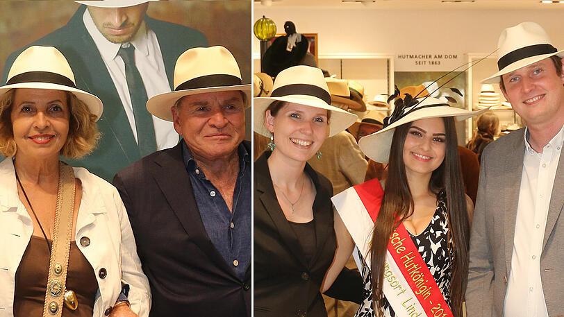 Schauspielerin Michaela May, Schirmherr Fritz Wepper sowie Hut-Betreiber Angela und Alexander Breiter mit Hutkönigin Vanessa Höss.