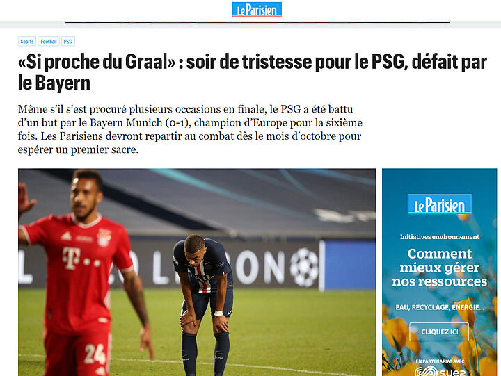 Die Pariser Zeitung "Le Parisien": "So nah am heiligen Gral: Eine traurige Nacht für PSG, das gegen Bayern unterlegen ist"