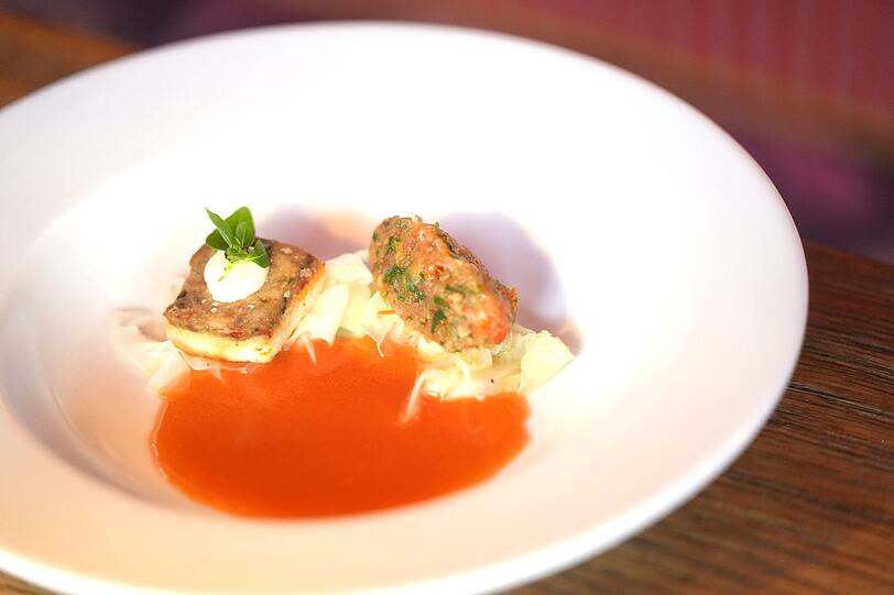 Erster Gang: Tuna-Tramezzino, Fenchelsalat, Gazpacho-Sud.