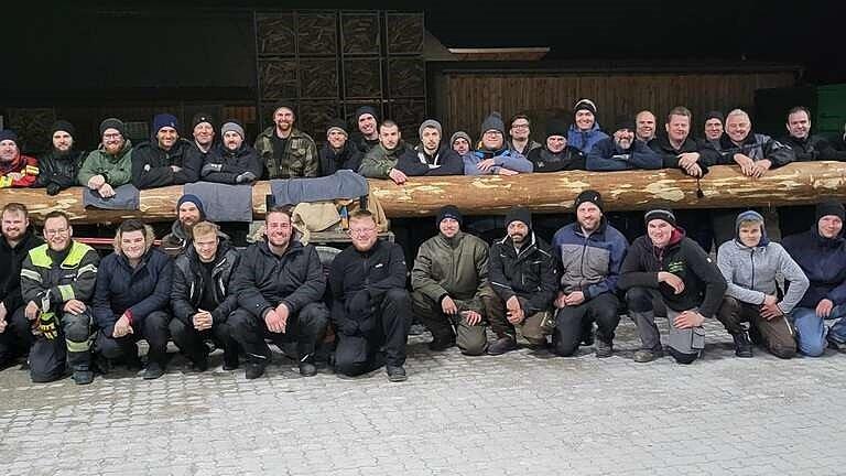Die siegreichen 55 "Guichinger" Maibaumdiebe haben sich diesen 27 Meter langen Maibaumrohling...