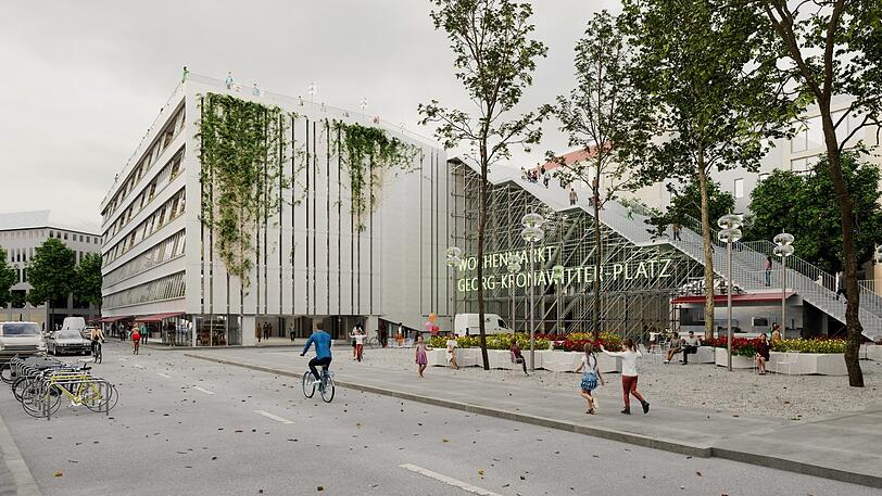 Das Hirmer-Parkhaus am Färbergraben / Georg-Kronawitter-Platz in einer Vision von Muck Petzet mit einer Freitreppe auf das Dach zu einem Wochenmarkt.