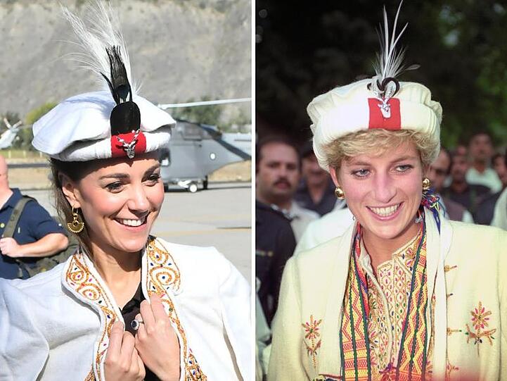 Herzogin Kate von Cambridge (l) mit einem traditionellen Hut in Pakistan, rechts Prinzessin Diana 1991 mit dem gleichen Kopfschmuck.