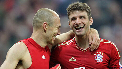 Gut drauf nach einem historischen Triumph, dem 4:0 gegen Barca: Arjen Robben und Thomas Müller. Gut drauf nach einem historischen Triumph, dem 4:0 gegen Barca: Arjen Robben und Thomas Müller.