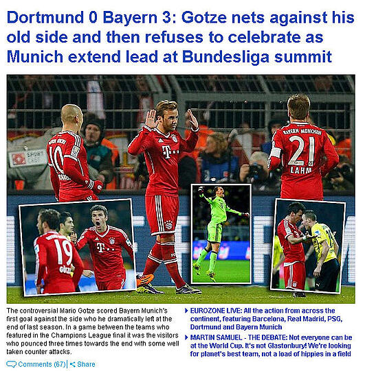 "The Daily Mail": "Dortmund 0 Bayern 3: Götze trifft gegen sein altes Team und verweigert den Jubel, während die Bayern beim Bundesliga-Gipfel ihre Führung ausbauen."