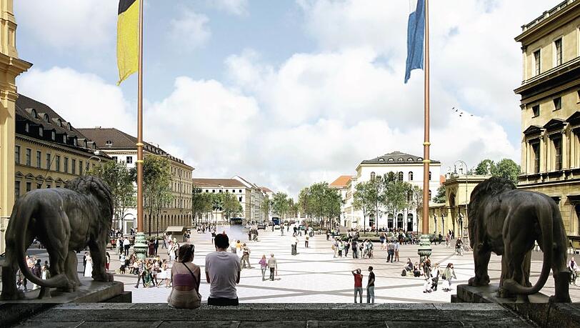 Vision der umgebauten Ludwigstra&szlig;e als gr&uuml;nere &bdquo;Flaniermeile&ldquo; , im Vordergrund ist die Feldhernhalle zu sehen. Das ist der Siegerentwurf aus Paris.