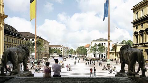 Vision der umgebauten Ludwigstra&szlig;e als gr&uuml;nere &bdquo;Flaniermeile&ldquo; , im Vordergrund ist die Feldhernhalle zu sehen. Das ist der Siegerentwurf aus Paris.