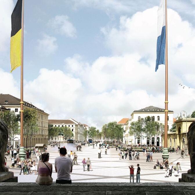 Vision der umgebauten Ludwigstra&szlig;e als gr&uuml;nere &bdquo;Flaniermeile&ldquo; , im Vordergrund ist die Feldhernhalle zu sehen. Das ist der Siegerentwurf aus Paris.