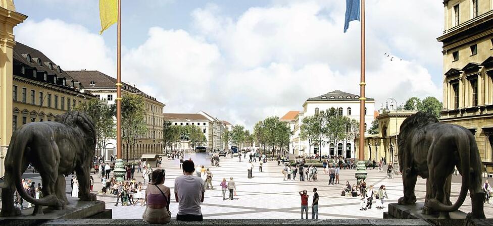 Vision der umgebauten Ludwigstra&szlig;e als gr&uuml;nere &bdquo;Flaniermeile&ldquo; , im Vordergrund ist die Feldhernhalle zu sehen. Das ist der Siegerentwurf aus Paris.