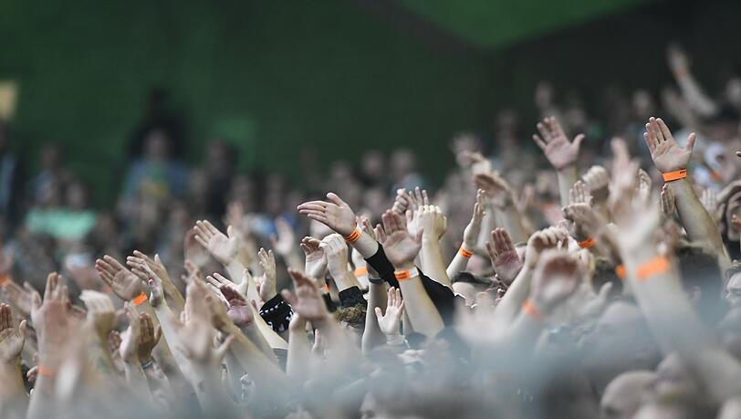 Fans jubeln im Stadion.