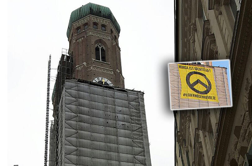 Das Baustellen-Banner am Gerüst wurde das Anbringen des Plakates (siehe kleines Bild) beschädigt. Der Staatsschutz ermittelt.