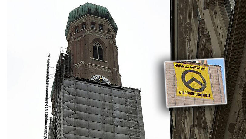 Das Baustellen-Banner am Gerüst wurde das Anbringen des Plakates (siehe kleines Bild) beschädigt. Der Staatsschutz ermittelt. Das Baustellen-Banner am Gerüst wurde das Anbringen des Plakates (siehe kleines Bild) beschädigt. Der Staatsschutz ermittelt.