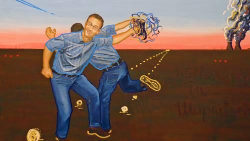 Freudentanz vor verbrannter Erde und Atomkraft: „Willkommen in Utopia“ hat André Debus 2007 gemalt. Freudentanz vor verbrannter Erde und Atomkraft: „Willkommen in Utopia“ hat André Debus 2007 gemalt.