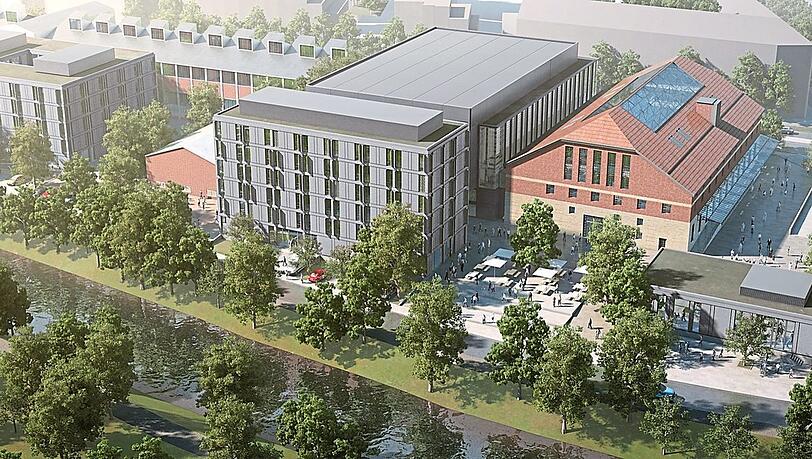 Das Gasteig-Interim an der Brudermühlbrücke mit dem von der Musikhochschule mitgenutzten Modul 1 mit der Gasteig-Verwaltung , dem niedrigen Gebäude des jetzt schon dort ansässigen Reifenhändlers , der Interimsphilharmonie ¹ , dem Modul 2 (VHS, Gastronomie, Veranstaltungssaal Õ ), der denkmalgeschützten Trafohalle als Foyer ¾ und einem weiteren, kleinen Saal ª . Simulation: Gasteig Das Gasteig-Interim an der Brudermühlbrücke mit dem von der Musikhochschule mitgenutzten Modul 1 mit der Gasteig-Verwaltung , dem niedrigen Gebäude des jetzt schon dort ansässigen Reifenhändlers , der Interimsphilharmonie ¹ , dem Modul 2 (VHS, Gastronomie, Veranstaltungssaal Õ ), der denkmalgeschützten Trafohalle als Foyer ¾ und einem weiteren, kleinen Saal ª . Simulation: Gasteig