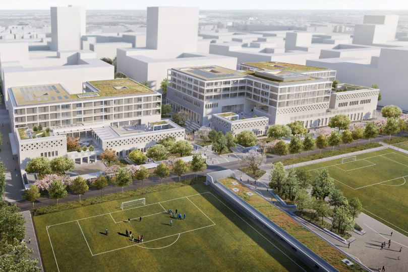 So sieht der Campus (links Grundschule, rechts Gymnasium) später von der anderen Seite aus. Dahinter: Bis zu 65 Meter hohe Häuser.