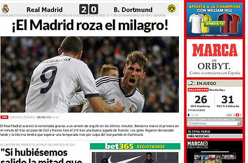 Die spanische &bdquo;Marca&ldquo; schreibt über das &bdquo;kurze Wunder&ldquo; von Madrid. Außerdem wird Sergio Ramos zitiert der beklagt, dass das Halbfinale bereits im Hinspiel verloren wurde.