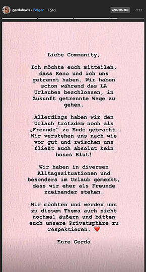Bachelorette Gerda Lewis gibt ihre Trennung von Keno Rürst in ihrer Instagram-Story bekannt.