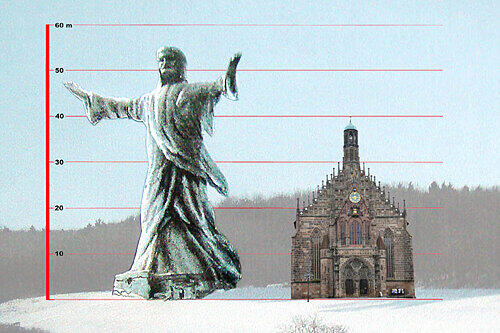 55 Meter ohne Sockel, 15 Meter höher als Nürnbergs Frauenkirche, soll der Mega-Christus bei Wassertrüdingen werden.