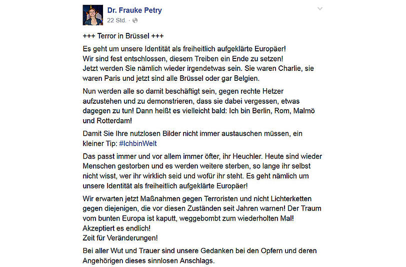 Der Beitrag auf der Facebook-Seite von Frauke Petry.