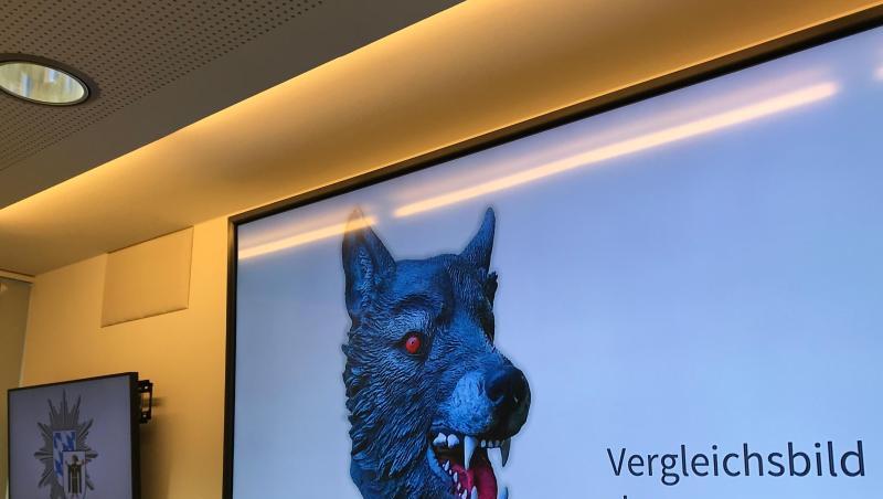 Auf einem Bildschirm im Polizeipräsidium präsentiert die Polizei ein Vergleichsbild der Wolfsmaske. Foto: Wera Engelhardt Auf einem Bildschirm im Polizeipräsidium präsentiert die Polizei ein Vergleichsbild der Wolfsmaske. Foto: Wera Engelhardt