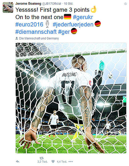 Jerome Boateng lieferte die Aktion des Abends. Auf Twitter freut er sich einfach über die drei Punkte.