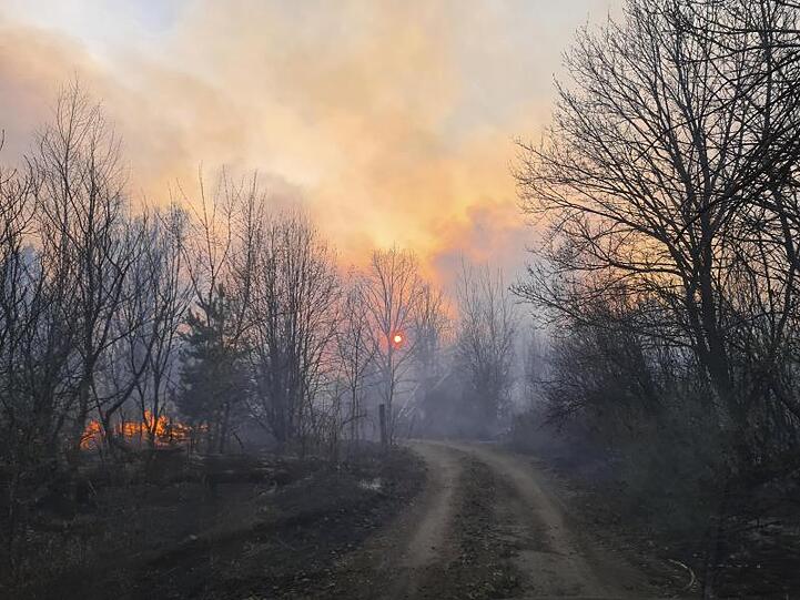 Rauchschwaden steigen von einem Waldbrand in der radioaktiv belasteten Sperrzone um das Kernkraftwerk Tschernobyl auf.