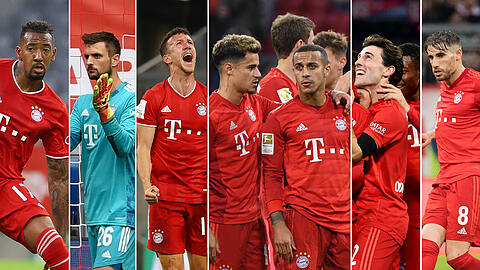 Ungewisse Zukunft: Bayerns Triple-Sieger (v.l.) Jérôme Boateng, Sven Ulreich, Ivan Perisic, Philippe Coutinho, Thiago, Álvaro Odriozola und Javi Martínez.