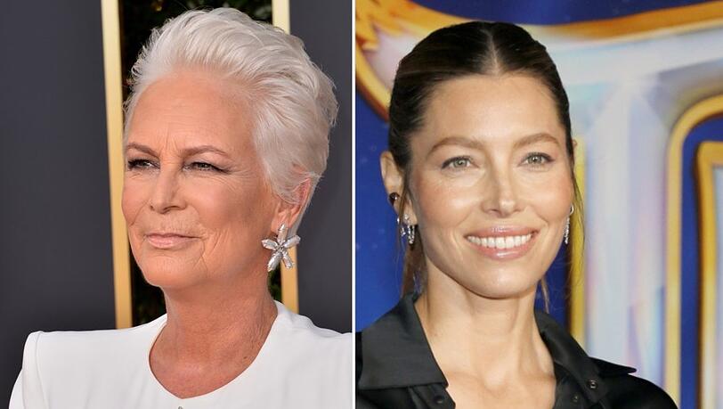 Jamie Lee Curtis (li.) und Jessica Biel zeigten sich bei Instagram mit Sonnenfinsternis-Brillen.