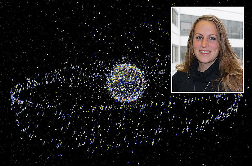 Das computergenerierte Bild zeigt den Müll früherer Missionen, der neben intakten Satelliten um die Erde kreist. Es sind etwa 6300 Tonnen. Die Weltraumschrott-Forscherin Susanne Peters plant die Mission eines Satelliten, der in der Erdumlaufbahn aufräumen soll.