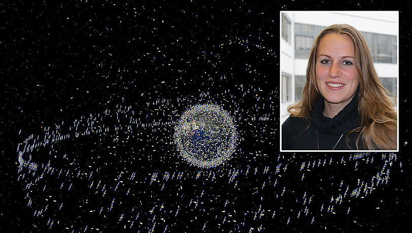 Das computergenerierte Bild zeigt den Müll früherer Missionen, der neben intakten Satelliten um die Erde kreist. Es sind etwa 6300 Tonnen. Die Weltraumschrott-Forscherin Susanne Peters plant die Mission eines Satelliten, der in der Erdumlaufbahn aufräumen soll. Das computergenerierte Bild zeigt den Müll früherer Missionen, der neben intakten Satelliten um die Erde kreist. Es sind etwa 6300 Tonnen. Die Weltraumschrott-Forscherin Susanne Peters plant die Mission eines Satelliten, der in der Erdumlaufbahn aufräumen soll.
