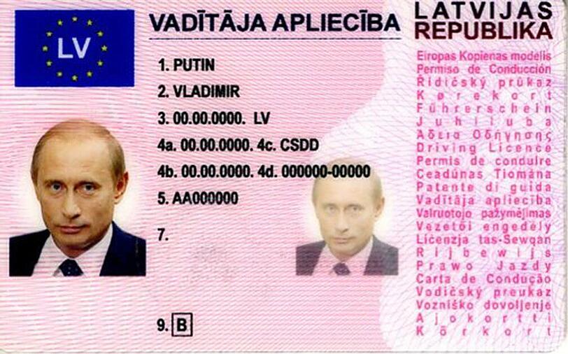 Ein lettischer Führerschein von Wladimir Putin. Eine täuschend echt aussehende Fälschung.