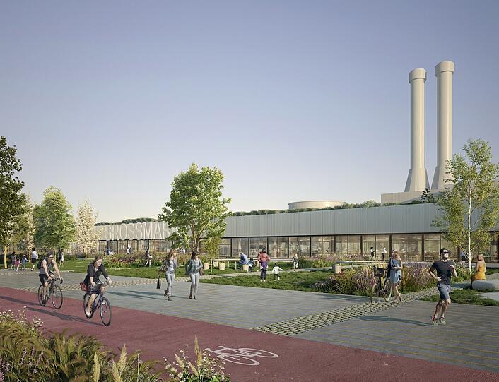 Kompakt und verglast: Die Süd-Fassade der neuen Großmarkthalle mit Park.