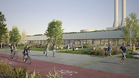 Kompakt und verglast: Die Süd-Fassade der neuen Großmarkthalle mit Park.