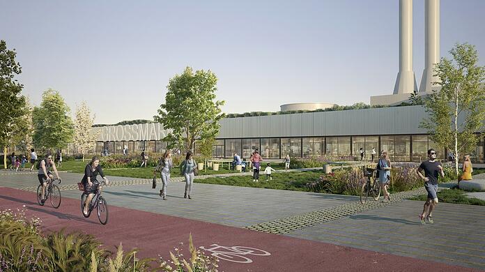 Kompakt und verglast: Die Süd-Fassade der neuen Großmarkthalle mit Park.