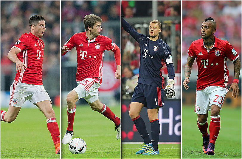 Befinden sich bei der Wahl zum "Weltfußballer des Jahres" unter den 30 Nominierten: Die Bayern-Profis Robert Lewandowski, Thomas Müller, Manuel Neuer und Arturo Vidal (v.l.).