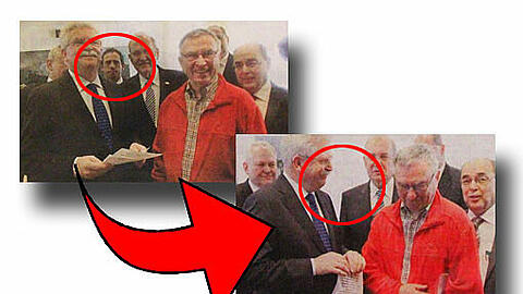 Vorher und nachher: Oben auf einem ähnlichen Bild von der gleichen Veranstaltung hinter Wirtschaftsminister Martin Zeil (FDP) steht Thorsten Glauber (FW) noch neben seinem Kollegen Eduard Nöth (CSU). Der hat ihn dann kurzerhand entfernt.