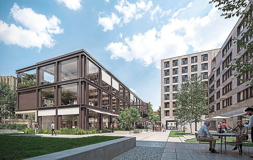 Links der B&uuml;ro-Pavillon, rechts die Hotelfassade: Der Geb&auml;udekomplex"&bdquo;i10&ldquo; im Werksviertel soll bis 2028 fertiggestellt sein, sagen die Projektverantwortlichen.