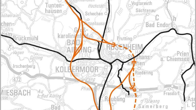 Die Grafik zeigt die möglichen Verläufe der umstrittenen Neubaustrecke im Inntal. Foto: DB AG Die Grafik zeigt die möglichen Verläufe der umstrittenen Neubaustrecke im Inntal. Foto: DB AG